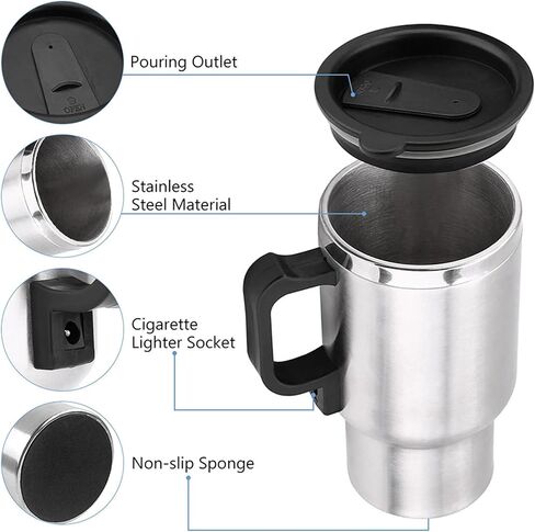 Electric Water Kettle, Duokon 12V Car 450ml Coffee Mug Electric In-car Stainless Steel Travel Heating Cup with Cigarette Lighter Cable in Saudi Arabia