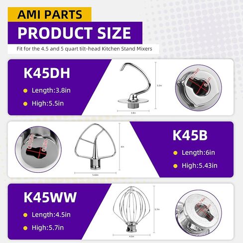 3 Pieces Stand Mixers Repair Set Stainless Steel for Kitchen Tilt-Head Stand Mixers K45DH Dough Hook K45B Coated Flat Blade Paddle K45WW Wire Whip Replace for Kitchen-aid Accessories by AMI PARTS in Kuwait