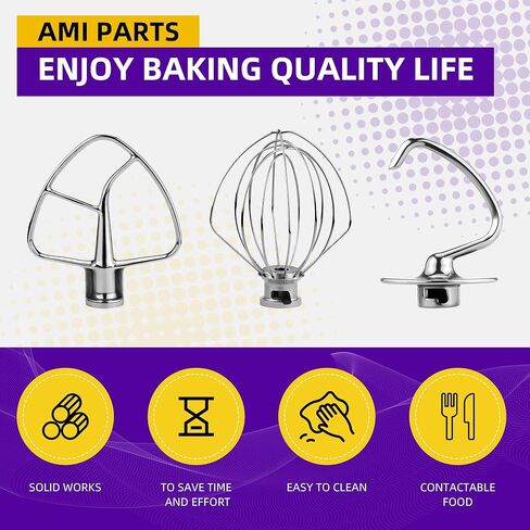 3 Pieces Stand Mixers Repair Set Stainless Steel for Kitchen Tilt-Head Stand Mixers K45DH Dough Hook K45B Coated Flat Blade Paddle K45WW Wire Whip Replace for Kitchen-aid Accessories by AMI PARTS in Kuwait