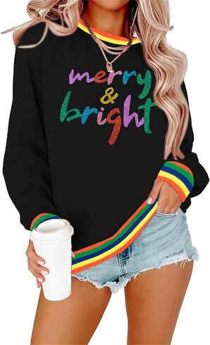 Merry And Bright Sweatshirt For Women Merry Christmas Sweatshirt Christmas Party Hoodie Sequin Long Sleeve Tops in Kuwait