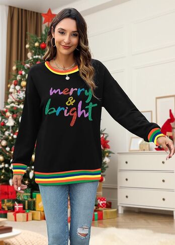 Merry And Bright Sweatshirt For Women Merry Christmas Sweatshirt Christmas Party Hoodie Sequin Long Sleeve Tops in Kuwait