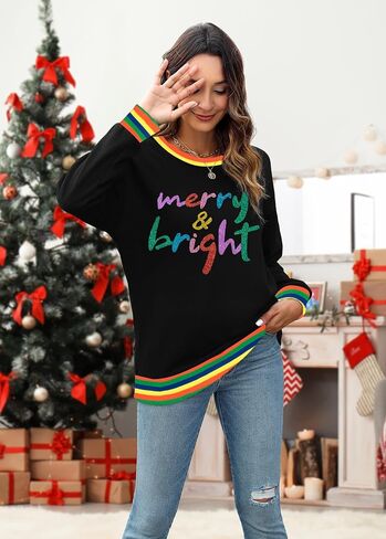 Merry And Bright Sweatshirt For Women Merry Christmas Sweatshirt Christmas Party Hoodie Sequin Long Sleeve Tops in Kuwait