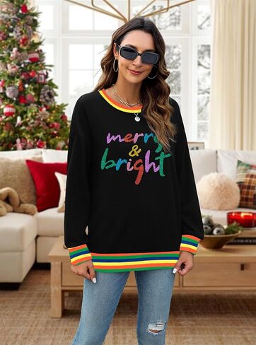 Merry And Bright Sweatshirt For Women Merry Christmas Sweatshirt Christmas Party Hoodie Sequin Long Sleeve Tops in Kuwait