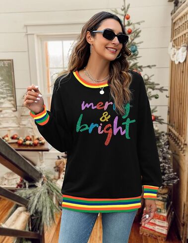 Merry And Bright Sweatshirt For Women Merry Christmas Sweatshirt Christmas Party Hoodie Sequin Long Sleeve Tops in Kuwait