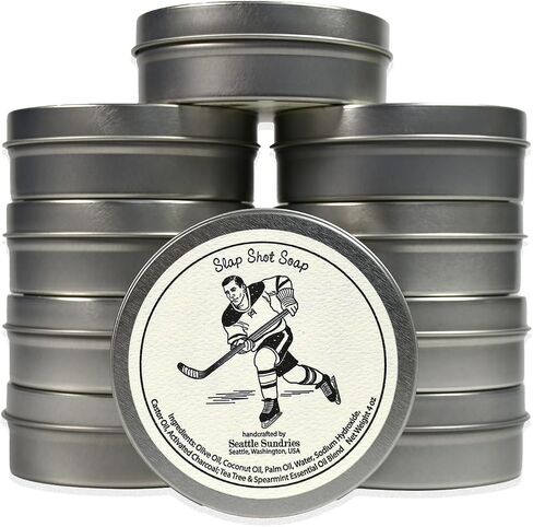 Seattle Sundries | Slap Shot Hockey Soap - 1 (4oz) Hand Made Odor Fighting Activated Charcoal Bar Soap in a Recyclable Travel Tin - Hockey Team Gift Idea. in Kuwait