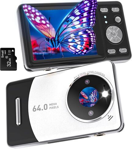 كاميرا رقمية، كاميرا UHD 64MP 4K مع خاصية التركيز التلقائي ومضادة للاهتزاز وتقريب رقمي 18X، تتميز الكاميرات الرقمية Point and Shoot بتصميم ثنائي العدسات - عدسة بزاوية واسعة للغاية 120 درجة وعدسة قياسية 60 درجة مع بطاقة 32 جيجابايت in Saudi Arabia