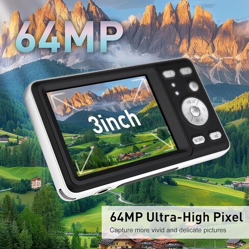 كاميرا رقمية، كاميرا UHD 64MP 4K مع خاصية التركيز التلقائي ومضادة للاهتزاز وتقريب رقمي 18X، تتميز الكاميرات الرقمية Point and Shoot بتصميم ثنائي العدسات - عدسة بزاوية واسعة للغاية 120 درجة وعدسة قياسية 60 درجة مع بطاقة 32 جيجابايت in Saudi Arabia