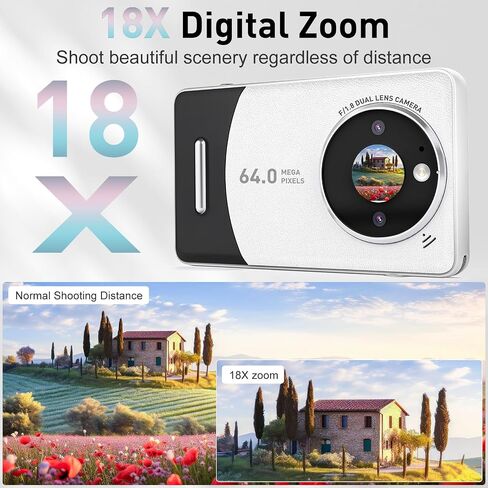كاميرا رقمية، كاميرا UHD 64MP 4K مع خاصية التركيز التلقائي ومضادة للاهتزاز وتقريب رقمي 18X، تتميز الكاميرات الرقمية Point and Shoot بتصميم ثنائي العدسات - عدسة بزاوية واسعة للغاية 120 درجة وعدسة قياسية 60 درجة مع بطاقة 32 جيجابايت in Saudi Arabia