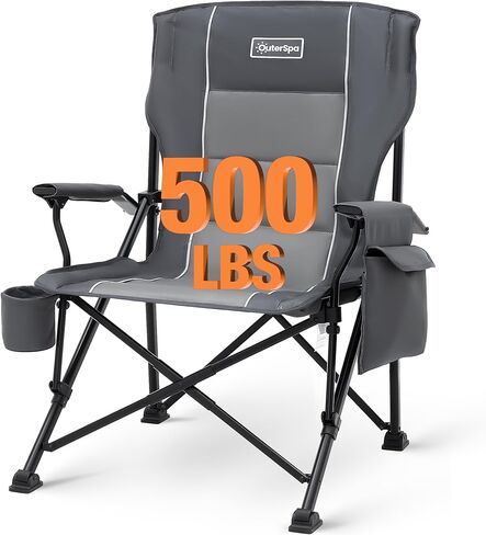 Oversized Folding Camping Chair Support 500 LBS Heavy People Padded Folding Camp Chairs with Lumbar Suppor High Back Heavy Duty for Adults with Cup Holder, Side Pocket for Lawn,Sport, Grey in Kuwait
