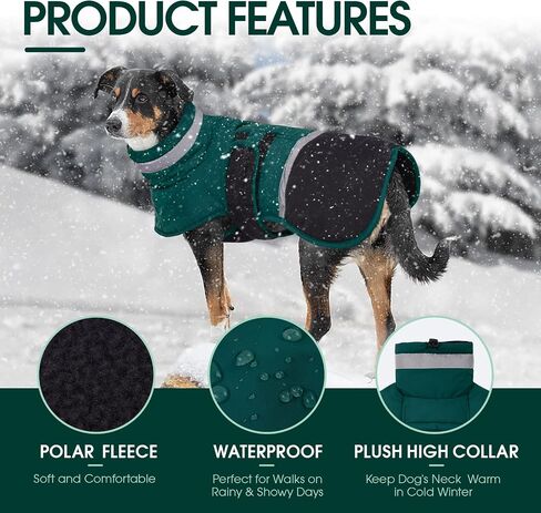Kuoser Dog Coat, Reflective Dog Waterproof Jacket with Leash Hole for Large Dogs, Dog Winter Jacket Pet Clothes for Cold Weather, Windproof Warm Doggie Snow Vest for Dachshund Labrador, Green, 2XL in Saudi Arabia