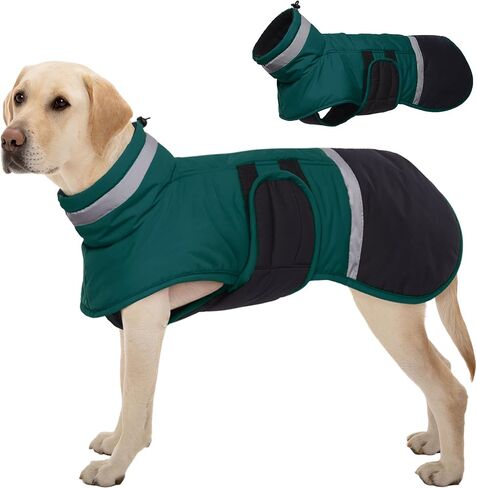 Kuoser Dog Coat, Reflective Dog Waterproof Jacket with Leash Hole for Large Dogs, Dog Winter Jacket Pet Clothes for Cold Weather, Windproof Warm Doggie Snow Vest for Dachshund Labrador, Green, 2XL in Saudi Arabia