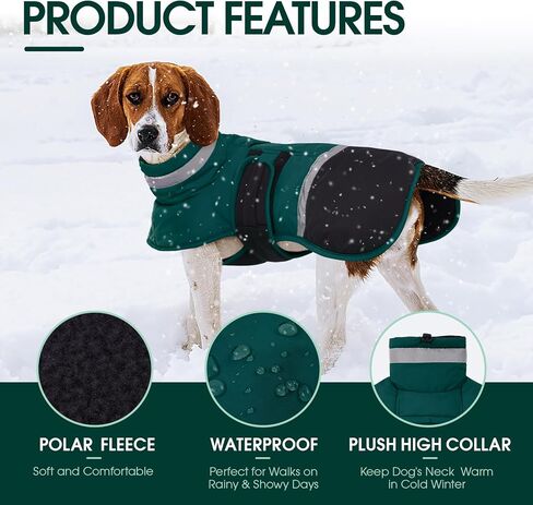 معطف الكلب kuoser، سترة عاكسة مضادة للماء للكلاب مع فتحة للمقود للكلاب الكبيرة، سترة شتوية للكلاب ملابس الحيوانات الأليفة للطقس البارد، سترة ثلج دافئة مقاومة للرياح للكلاب الألمانية لابرادور، أخضر، 2XL in Kuwait