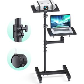 Projector Stand Tripod: 2 Shelves Mobile Laptop Cart Adjustable Height 45 to 64 Inches, Rolling Laptop Stand Cart with Ventilated Tray, Projector Tripod Stand on Wheels for Couch, Bedside, Meeting