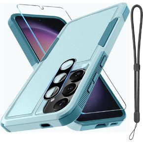 RMOCR Case for Samsung Galaxy S24 FE, Full Body Heavy Duty Rugged Shockproof Protective Phone Cover with Lanyard Strap, Tempered Glass Screen Protector and Camera Lens Cover, Mint Green