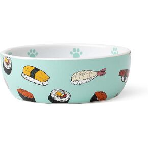 PetRageous 16043 Sushi Time Dishwasher-Safe Stoneware Cat or Dog Shallow Bowl 5.25-Inch Diameter 1.75-Inch Tall 1.75-Cups Capacity for Small Dogs and Cats or Kittens, Blue