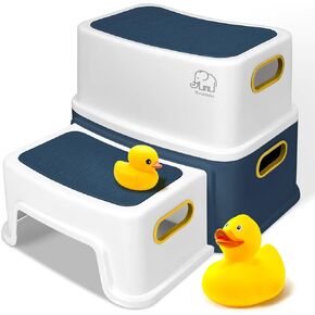 Forbena Kids Step Stool for Bathroom, 2 Step Stool for Toddlers Toilet Potty Training, Sturdy Children Plastic Step Stool for Bed Bathroom Counter Sink (White-Blue)