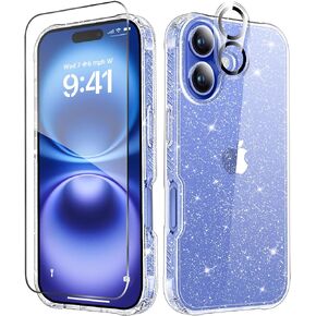 MIODIK for iPhone 16 Case Clear Glitter, with Screen Protector + Camera Lens Protector, [Non-Yellowing] Shockproof Protective Phone Case, Women Girl Cute Cover for iPhone 16 6.1 Inch - Sparkle Clear