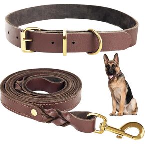 Heavy Duty Genuine Leather Dog Collar and Leash Set - 5ft Soft and Durable Leash and Collar Set with Metal Buckle - Adjustable Dog Collar Set, Compatible for Large Dogs