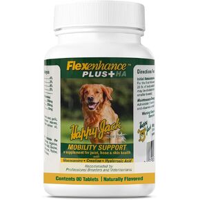 Happy Jack Flexenhance Dog Hip and Joint Supplement with Skin & Coat Support Plus (80 Chewable Tabs), Improve Flexibility & Mobility, Glucosamine, Green Lipped Mussel, Fish Oil