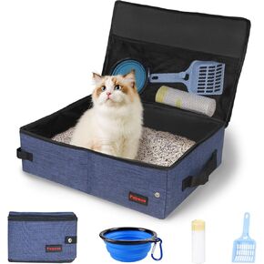 Portable Litter Box for Cats for Travel with Zipper Leak-Proof Lid, Double Carry Handles, Collapsible Litter Box for Cats, Waterproof. Includes Bonus Water Bowl+Scooper+Poop Bags (Gray,M)
