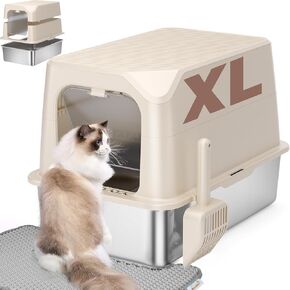 Stainless Steel Cat Litter Box with Lid, Extra Large Litter Box, Great for Large & Small Cat, Easy to Clean, Anti-Leakage, Non-Sticky, Multifunctional 2 in-1 Metal Cat Litter Box - Light Gray