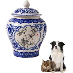 Handmade Ceramic Pet Urn for Dogs, Cats, Pet Blue and White Porcelain Ash Urn, Chinaware Memorial Cremation Funeral Burial Urn Keepsake, Forever Memory Box Memorial(White/Blue)