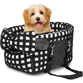 Dog Car Seat for Small Dogs,Center Console Seat for Puppy,Dog Cat Booster Car Seat, Portable Car Armrest Seat for Dog & Cat Under 15 lbs,Pet Car Seat with Cozy Bow Neck Pillow (Grid-Black)