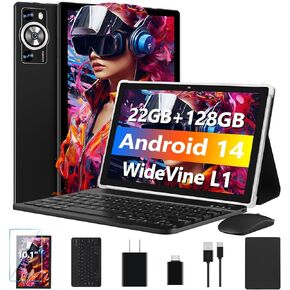 Android 14 Tablet 10.1 Inch 8000mAh Battery Tablets with 22GB RAM 128GB ROM 1TB Expand, Octa-Core HD Touchscreen Tablet with Keyboard, Mouse, Support Widevine L1, Split-Screen - Black
