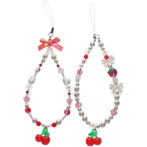 Beaded Phone Charms Strap,Pearl Bracelet Wrist Lanyard,Cute Camera Charm Strap,Handmade Phone Case Accessories for Wallet AirPods,Cherry