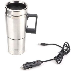 Qiilu Car Electric Kettle, 12V 350ml+150ml Stainless Steel Portable Car Electric Heating Mug Drinking Cup Travel Kettle Water Boiler for Water Tea Coffee Milk
