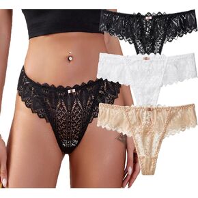 Womens Sexy Thongs Lace Panties Underwear Low Rise Plus Size Underpants Pack of 3