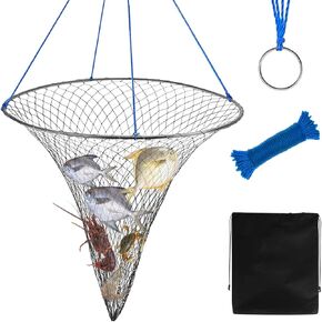 Bridge and Pier Fishing Net, Foldable Drop Net for Pier Fishing with Rope Landing Net with Durable Soft Steel Hoop and Nylon Mesh