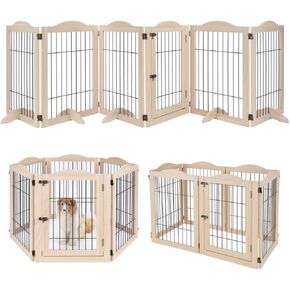 unipaws Pet Playpen with Wood and Wire, 6 Panels Extra Wide Freestanding Walk Through Dog Gate with 5 Support Feet, Foldable Stairs Barrier Pet Exercise Pen for Dogs Cats