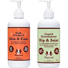 Natural Dog Company Healthy Joints, Skin and Coat Bundle for Dogs, Includes (1) 16 oz Bottle Skin and Coat Oil, (1) 16 oz Bottle Liquid Glucosamine, Food Topper, Dog's Fish Oil Supplement