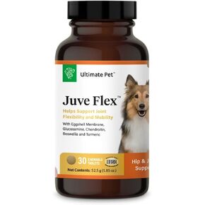ULTIMATE PET NUTRITION Juve Flex، مكمل دعم مهدئ للورك والمفاصل للكلاب والغضاريف والكولاجين ودعم الصلابة، 30 قرصًا قابلاً للمضغ
