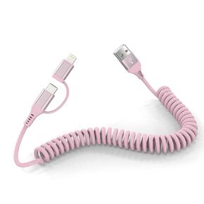Pink Retractable Car Charger Coiled Lightning Cable - 2 in 1 Lightning and USB C Cable for Apple Carplay & Android Auto [MFi Certified] 3A Fast Charge & Data Sync Pink Coiled i Phone Charger Cord