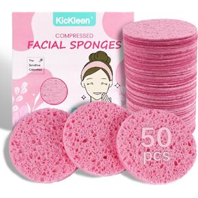 120-Count Compressed Facial Sponges|Kickleen 100% Natural Cellulose Cosmetic Spa Sponges for Daily Facial Cleansing|Makeup And Mask Removal|Exfoliating|Skin Massage|Pore Exfoliation (120 Count (Pink))