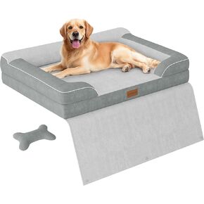 Extra Large Dog Bed, Orthopedic Dog Bed with Cooling Gel Memory Foam, Waterproof XL Dog Bed with Removable Washable Cover, 42" Dog Sofa Couch Dutch Velvet with Blanket Bone Toy, Light Gray
