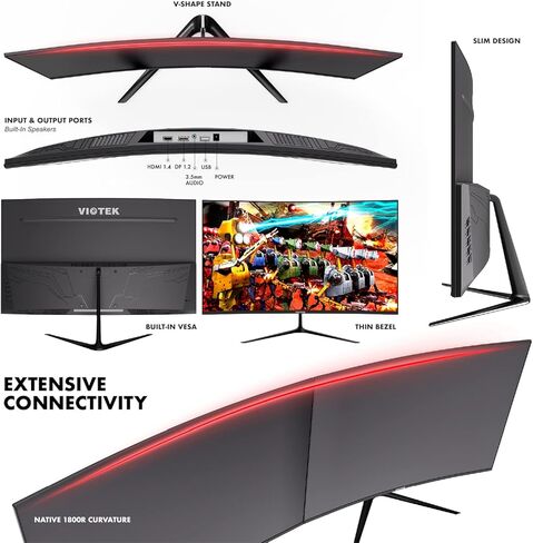 Viotek GNV27CB شاشة ألعاب منحنية 27 بوصة 165 هرتز، دقة Full HD 1080p، متوافقة مع FreeSync، 3 مللي ثانية GTG، تباين 3000:1، 100% sRGB، جاهز VESA، DP، HDMI، مكبر صوت، 3 سنوات بدون بكسلات ميتة in Saudi Arabia