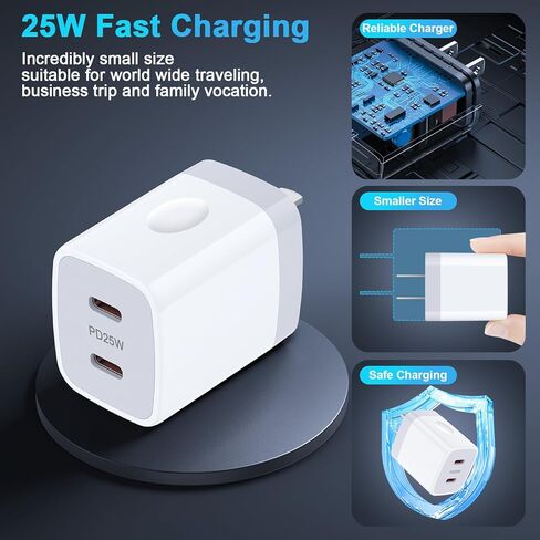 USB C سامسونج شاحن سريع التوصيل 25W منفذ مزدوج PD جدار شاحن نوع C شاحن الطوب شحن سريع كتلة لسامسونج غالاكسي A15/A54 5G/A55/A35/A14/S24/S23 الترا/S22/S21/S20، آيفون 15/14/13 /12/11، بكسل 8 in Kuwait