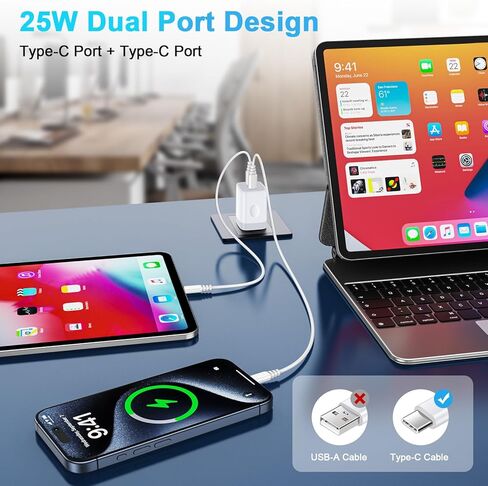 USB C سامسونج شاحن سريع التوصيل 25W منفذ مزدوج PD جدار شاحن نوع C شاحن الطوب شحن سريع كتلة لسامسونج غالاكسي A15/A54 5G/A55/A35/A14/S24/S23 الترا/S22/S21/S20، آيفون 15/14/13 /12/11، بكسل 8 in Kuwait