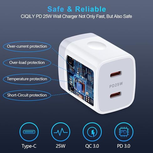 USB C سامسونج شاحن سريع التوصيل 25W منفذ مزدوج PD جدار شاحن نوع C شاحن الطوب شحن سريع كتلة لسامسونج غالاكسي A15/A54 5G/A55/A35/A14/S24/S23 الترا/S22/S21/S20، آيفون 15/14/13 /12/11، بكسل 8 in Kuwait