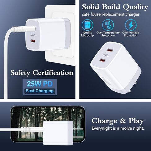 USB C سامسونج شاحن سريع التوصيل 25W منفذ مزدوج PD جدار شاحن نوع C شاحن الطوب شحن سريع كتلة لسامسونج غالاكسي A15/A54 5G/A55/A35/A14/S24/S23 الترا/S22/S21/S20، آيفون 15/14/13 /12/11، بكسل 8 in Kuwait