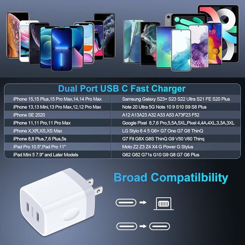 USB C سامسونج شاحن سريع التوصيل 25W منفذ مزدوج PD جدار شاحن نوع C شاحن الطوب شحن سريع كتلة لسامسونج غالاكسي A15/A54 5G/A55/A35/A14/S24/S23 الترا/S22/S21/S20، آيفون 15/14/13 /12/11، بكسل 8 in Kuwait