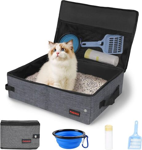 Portable Litter Box for Cats for Travel with Zipper Leak-Proof Lid, Double Carry Handles, Collapsible Litter Box for Cats, Waterproof. Includes Bonus Water Bowl+Scooper+Poop Bags (Gray,M) in Saudi Arabia