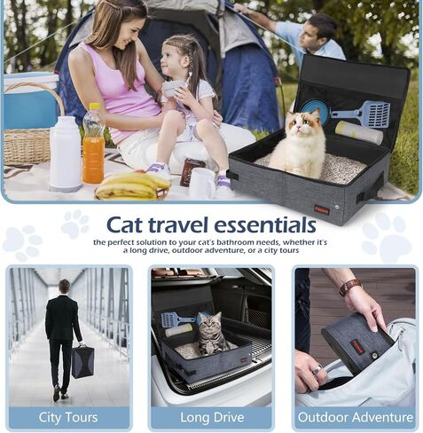 Portable Litter Box for Cats for Travel with Zipper Leak-Proof Lid, Double Carry Handles, Collapsible Litter Box for Cats, Waterproof. Includes Bonus Water Bowl+Scooper+Poop Bags (Gray,M) in Saudi Arabia