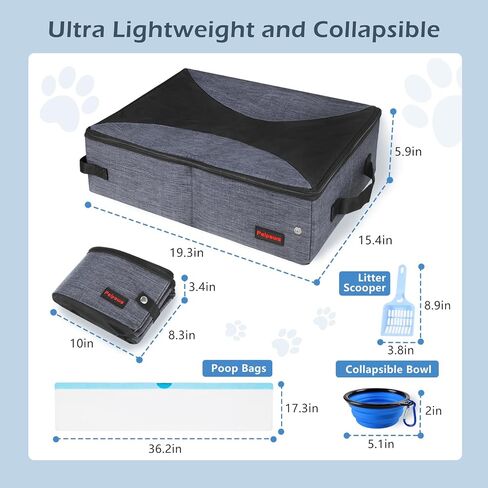 Portable Litter Box for Cats for Travel with Zipper Leak-Proof Lid, Double Carry Handles, Collapsible Litter Box for Cats, Waterproof. Includes Bonus Water Bowl+Scooper+Poop Bags (Gray,M) in Saudi Arabia