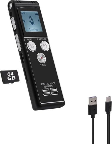 مسجل صوتي رقمي من Mcbazel سعة 64 جيجابايت مع تشغيل، مسجل صوت صغير محمول بدقة 1536 كيلو بايت في الثانية للمقابلات/الاجتماعات/الفصول الدراسية/تكرار A-B، جهاز تسجيل صوتي لمدة 5000 ساعة in Kuwait