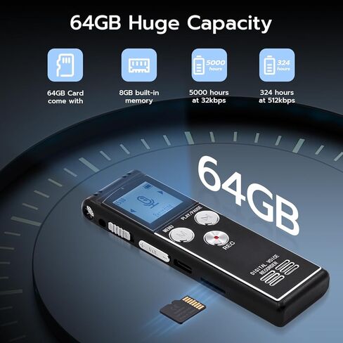 مسجل صوتي رقمي من Mcbazel سعة 64 جيجابايت مع تشغيل، مسجل صوت صغير محمول بدقة 1536 كيلو بايت في الثانية للمقابلات/الاجتماعات/الفصول الدراسية/تكرار A-B، جهاز تسجيل صوتي لمدة 5000 ساعة in Kuwait