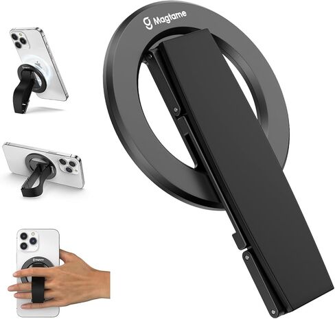 مقبض هاتف مغناطيسي لـ MagSafe مع حزام الإصبع، حامل هاتف مع مسند، حزام حامل هاتف معدني 3 في 1 لليد، متوافق مع سلسلة iPhone 12/13/14/15، أسود in Kuwait